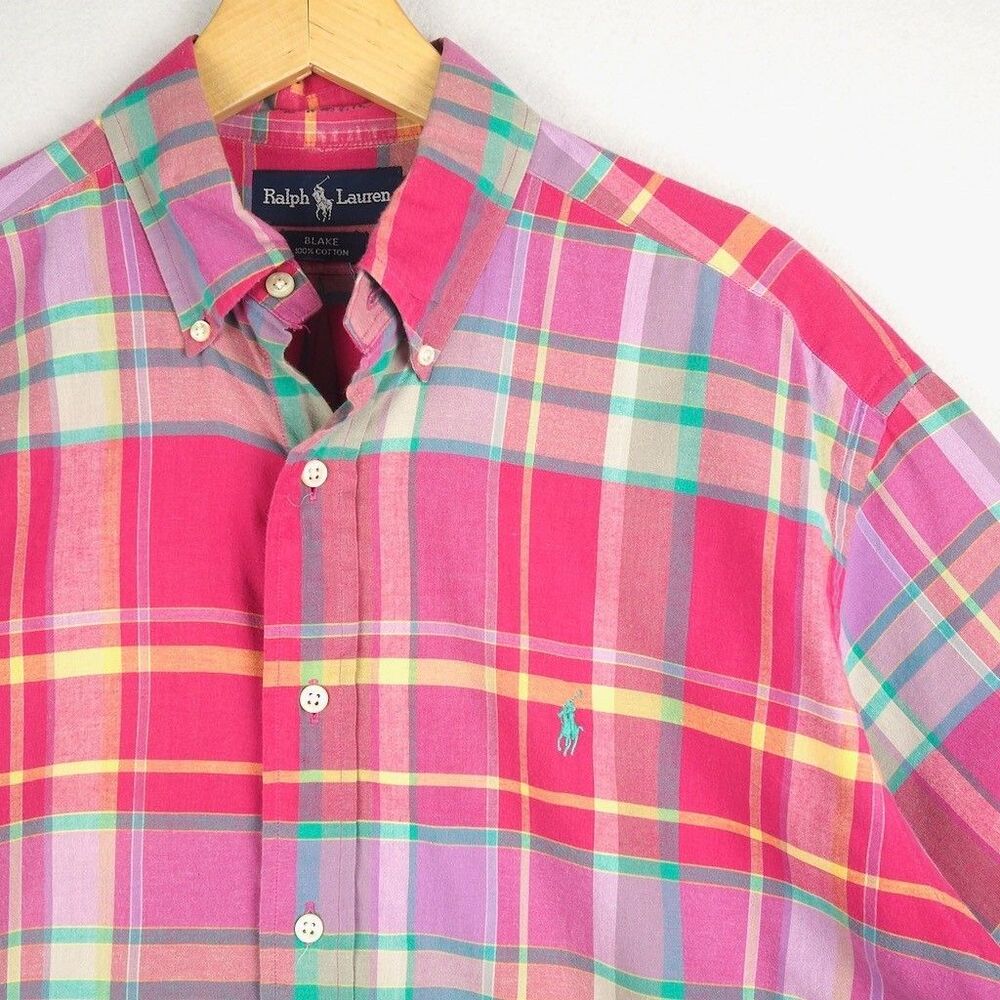 Polo Ralph Lauren Indian Madras Short Sleeve Shirt Mens M Pink Green Plaid Blake - Picture 2 of 9